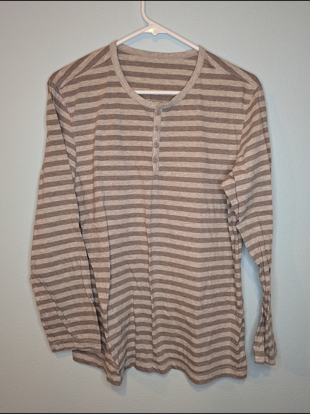 Striped Long Sleeve Henley Shirt - Taupe & Cream